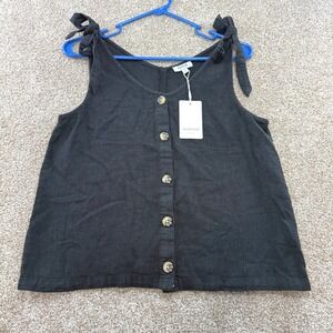 Weekend Los Angeles Black Linen Tie Shoulder Tank Top S NEW Boho Coastal Grandma